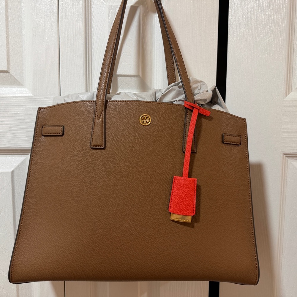 Tory Burch Tan Leather Tote with Red Accent